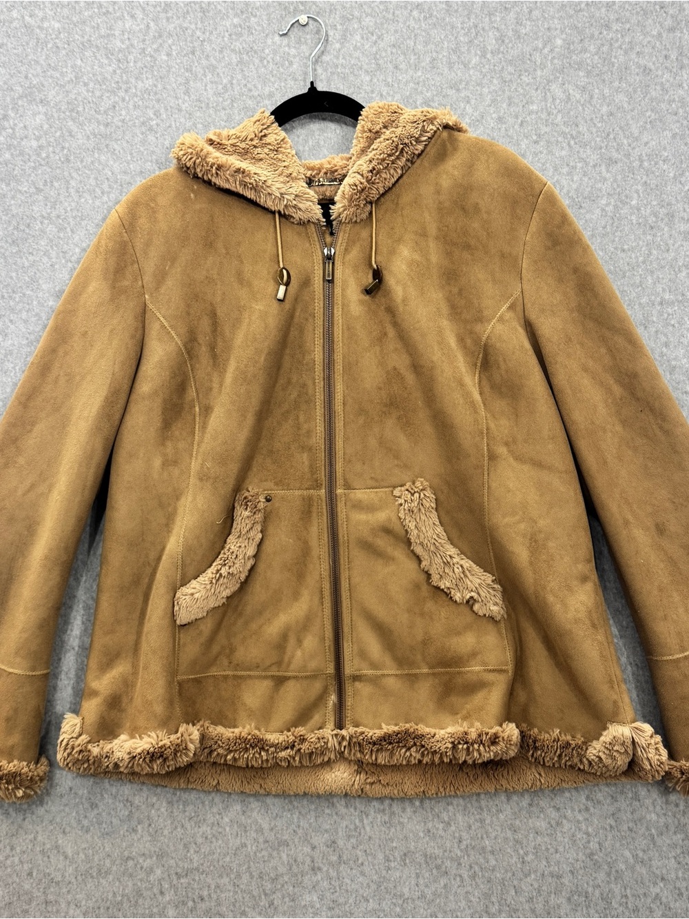 Jones New York Camel Faux Suede Teddy Jacket with Hood